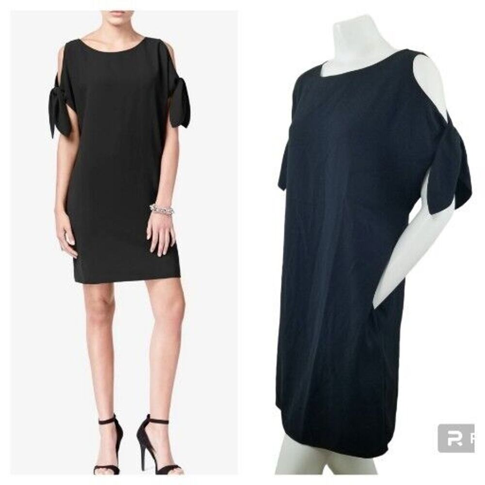 Bar Ill 3 Dress L Black Shift Box Short Sleeve Cold-Shoulder Bows Pockets Sack